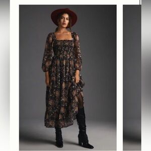 NWT Anthropologie Floral Square-Neck Smocked Maxi Dress in Black and Brown